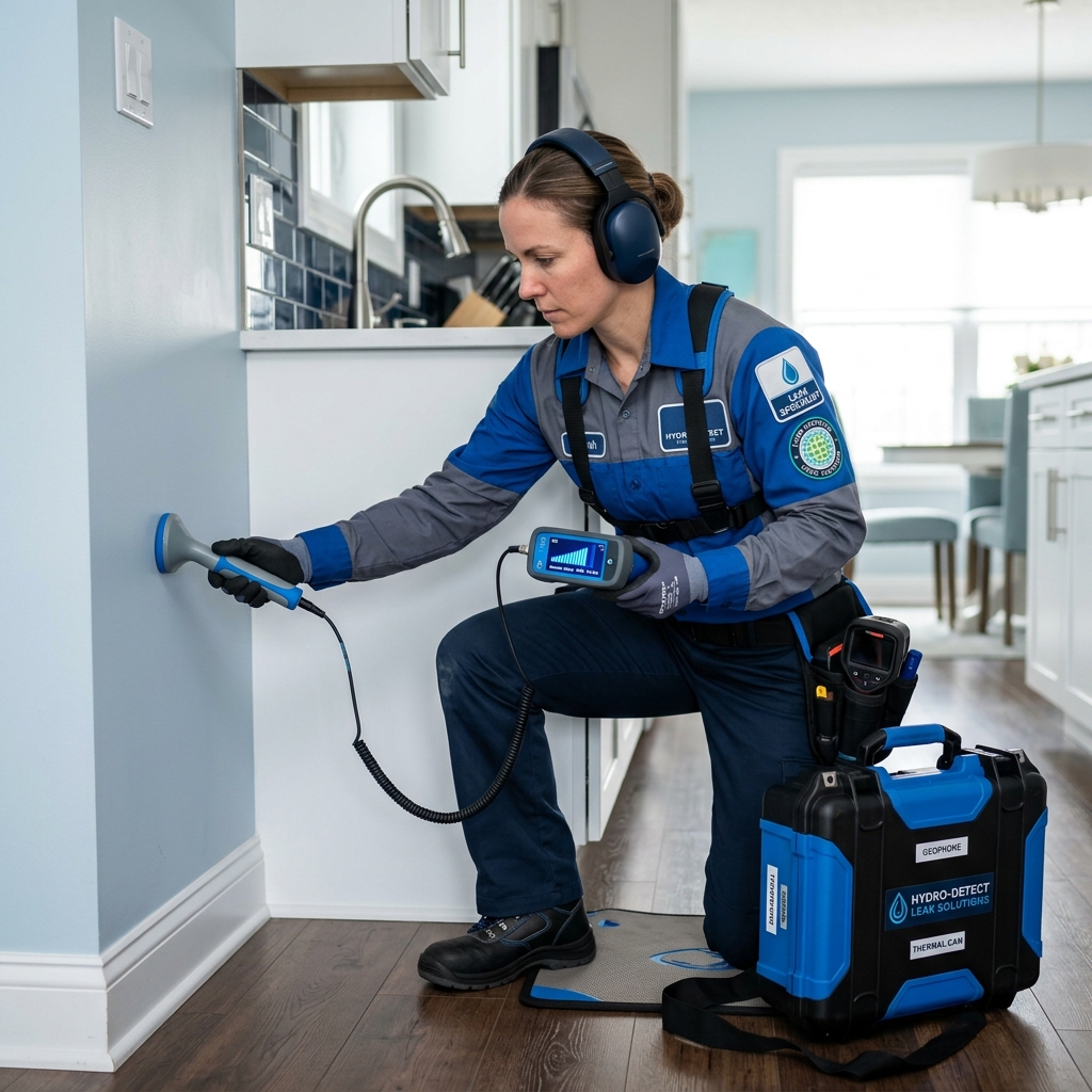 Thermal imaging being used to find a hidden water leak in an Old Bridge home