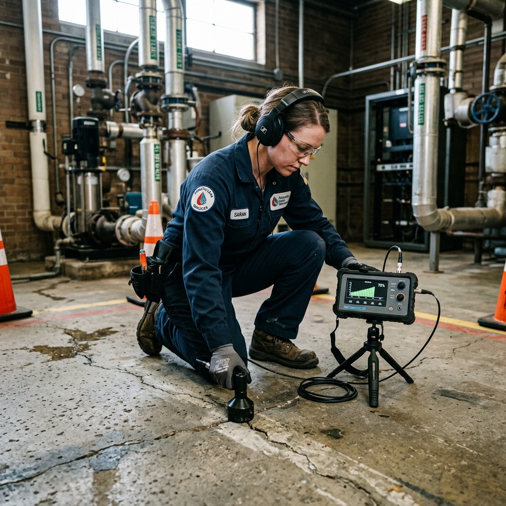 Technician performing acoustic slab leak detection on a concrete floor in Old Bridge
